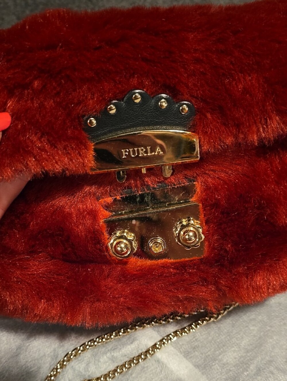 Furla Red Faux-Fur Crossbody with Gold Chain - Picture 2 of 9